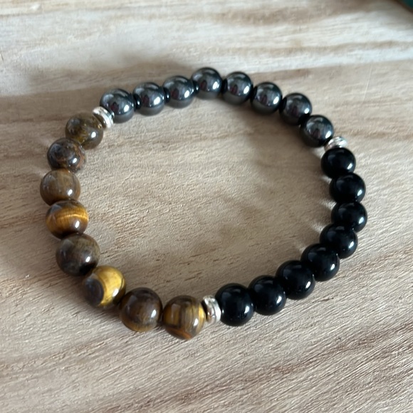 HEMATITE, TIGER EYE & BLACK TOURMALINE STRETCH BRACELET, NEW - Picture 3 of 3
